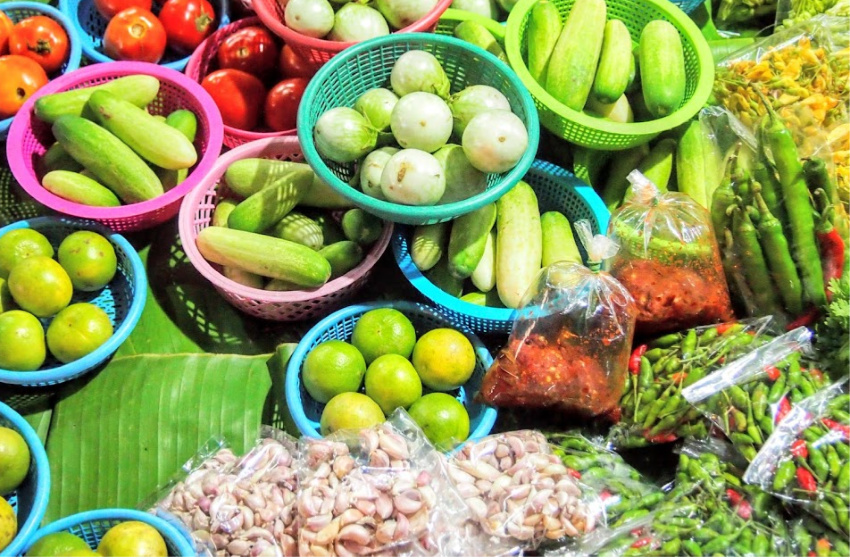 Vegetables chillies and garlic at a market in Thailand Thai ingredients vegetables